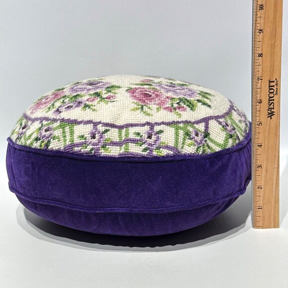 Grandma Pillow 12" Round Purple Velvet Floral Needlework Bed Couch Bedroom - Picture 7 of 7